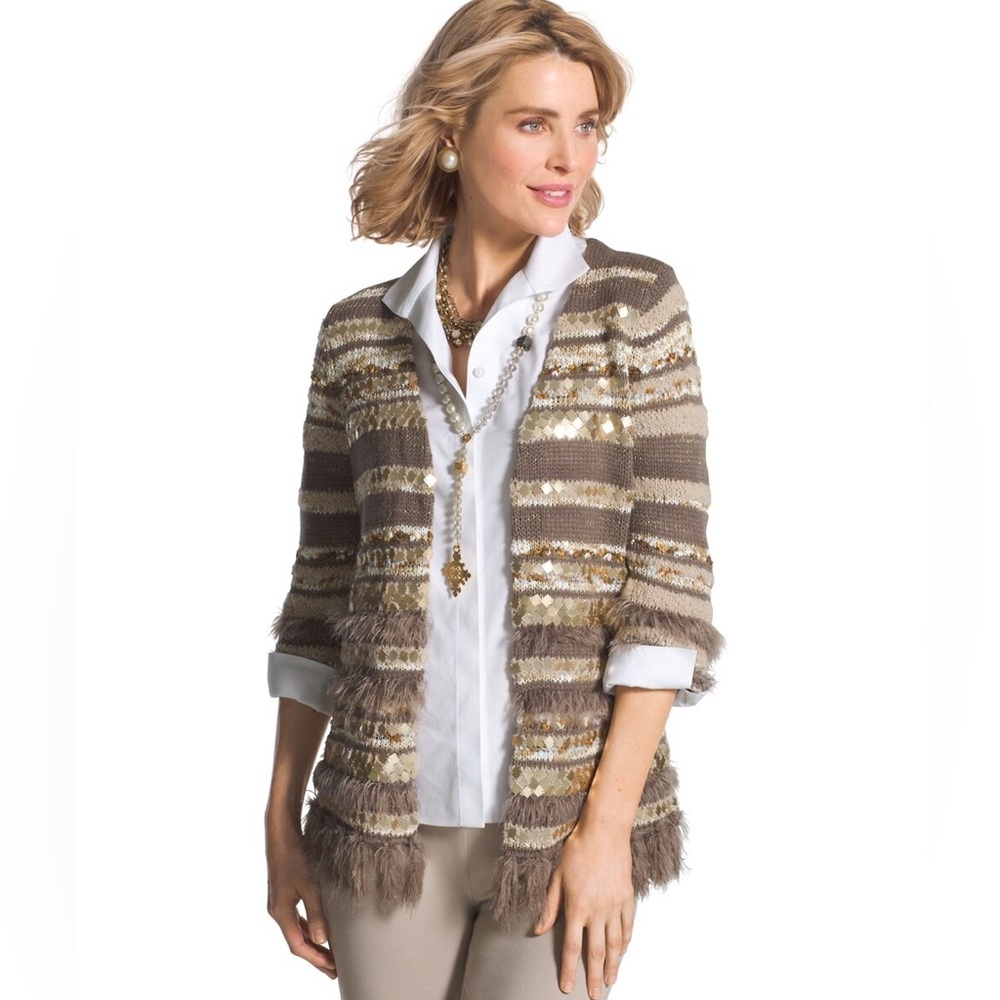 Chico’s Greta faux fur sequins boho cardigan sweater size 3 (XL/16)